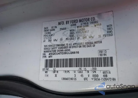 2006 Mercury Mountaineer Luxury из США, поврежденный, VIN 4M2EU47E06UJ26616